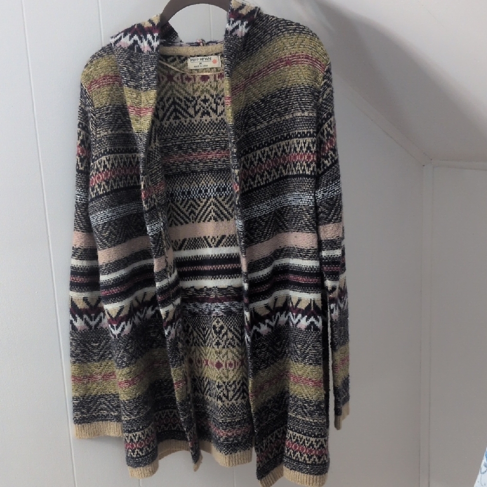 Ruff Hewn Black, Cream, Pink & Olive Patterned Open Cardigan